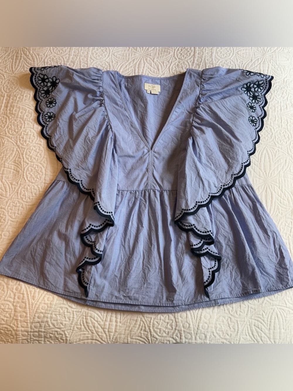 kate spade Light Blue V-Neck Flutter Sleeve Blouse with navy embroidered Trim